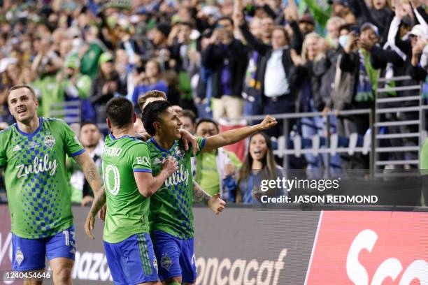 Seattle Sounders forward Raul Ruidiaz celebrates his second goal in the CONCACAF Champions League final match between Seattle Sounders and Pumas UNAM...