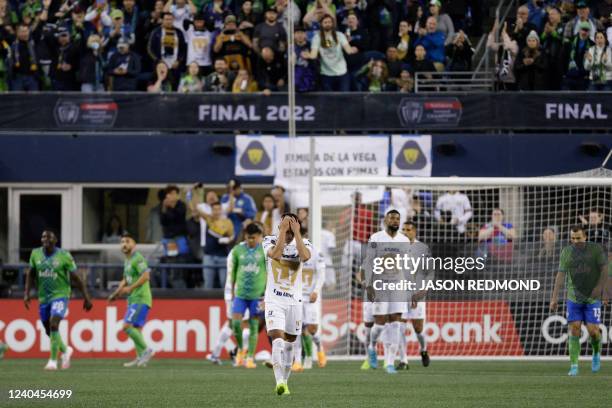 Pumas UNAM defender Ricardo Galindo reacts after a failed scoring attempt in the CONCACAF Champions League final match between Seattle Sounders and...