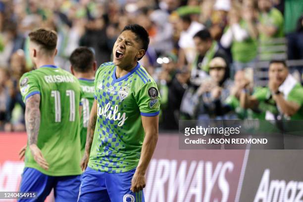 Seattle Sounders forward Raul Ruidiaz celebrates his second goal in the CONCACAF Champions League final match between Seattle Sounders and Pumas UNAM...