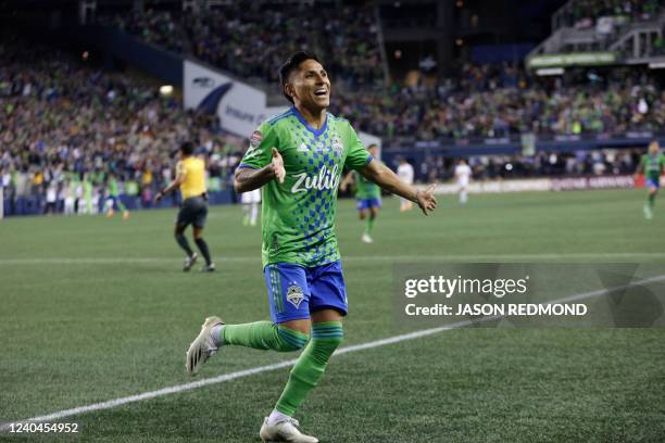 Seattle Sounders forward Raul Ruidiaz celebrates his second goal in the CONCACAF Champions League final match between Seattle Sounders and Pumas UNAM...