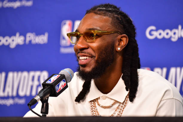 Jae Crowder of the Phoenix Suns talks to the media after the game against the Dallas Mavericks during Game 2 of the 2022 NBA Playoffs Western...