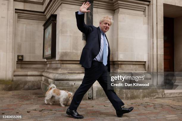 British Prime Minister and Conservative Party Leader Boris Johnson departs after casting his vote at a polling station on May 5, 2022 in London,...
