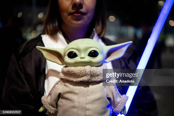 Collection item from the Star Wars universe is seen during the Star Wars special day in Bogota, Colombia on May 04, 2022. A group of Star Wars fans...