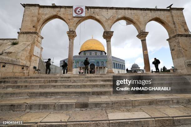 Israeli police stand guard on May 5, 2022 during a visit by a group of Jewish people at the al-Aqsa mosque compound which is the site of Islam's...