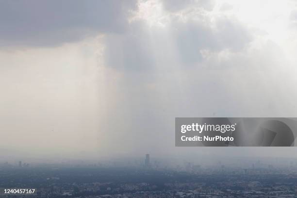 Panoramic view of buildings during the environmental contingency from Cerro de la Estrella in Iztapalapa, Mexico City. The Environmental Commission...