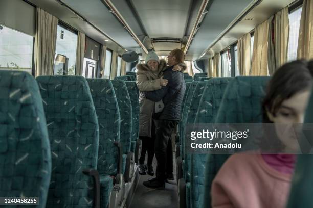 An elder woman is transferred onto a bus as she is being evacuated from the Donbas region due the fighting between Russian troops and Ukrainian...