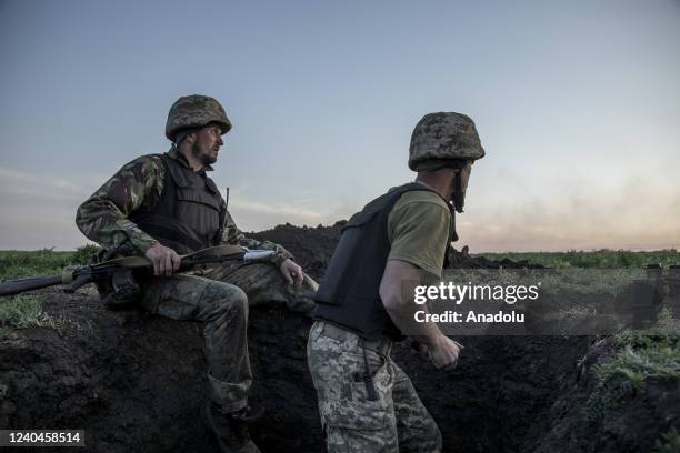 Ukrainian servicemen are seen in the trenches as fighting against Russian troops continues near to the Cherkaske City, on eastern Ukraine, May 3,...