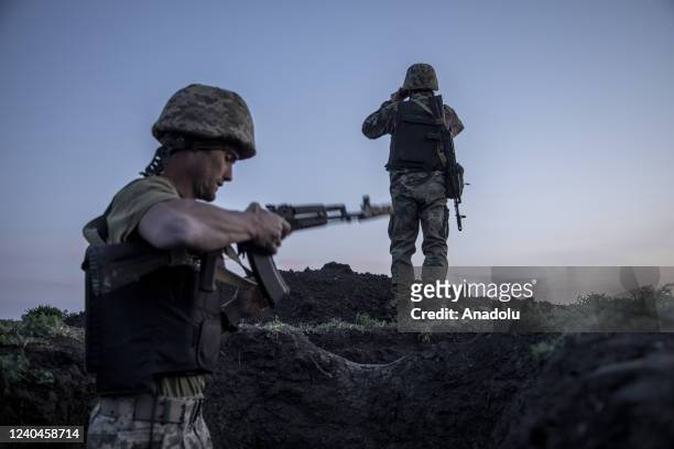Ukrainian servicemen are seen in the trenches as fighting against Russian troops continues near to the Cherkaske City, on eastern Ukraine, May 3,...
