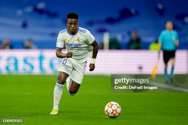 Vinicius Junior of Real Madrid CF controls the ball during the UEFA Champions League Semi Final Leg Two match between Real Madrid and Manchester City...