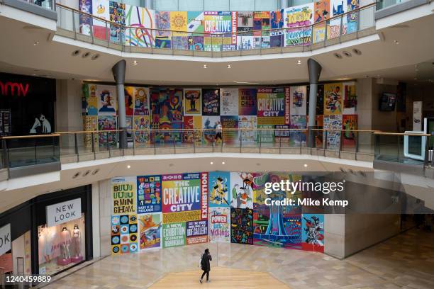 Creative city exhibition posters inside the Bull Ring Shopping Centre on 4th May 2022 in Birmingham, United Kingdom. The Bull Ring is a major...