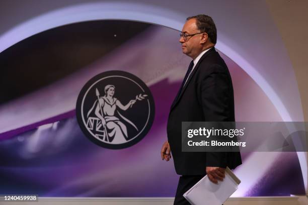 Andrew Bailey, governor of the Bank of England , arrives for the Monetary Policy Report news conference at the bank's headquarters in the City of...