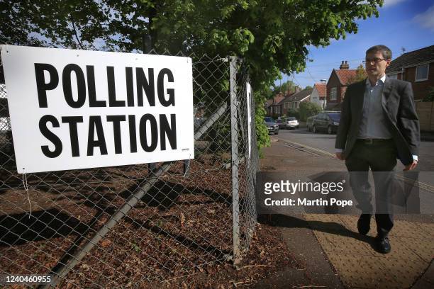 Green Party co-Leader Adrian Ramsay arrives at his polling station in the Nelson constituency to cast his vote on May 5, 2022 in Norwich, United...