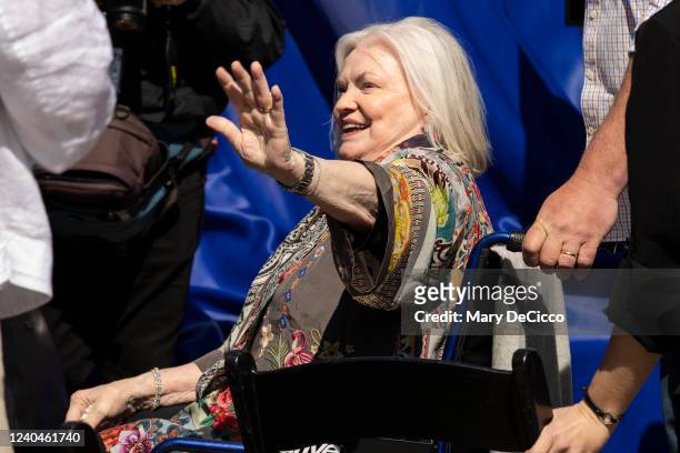 Nancy Seaver waves to the crowd during the Tom Seaver Statue Dedication at Citi Field on Friday, April 15, 2022 in Flushing, NY.