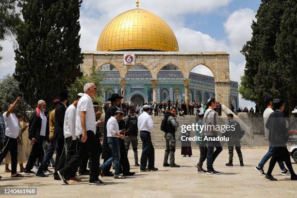 Israeli settlement groups storm Al-Aqsa Mosque, the world's third-holiest site for Muslims, on the occasion of Israel's foundation anniversary, in...