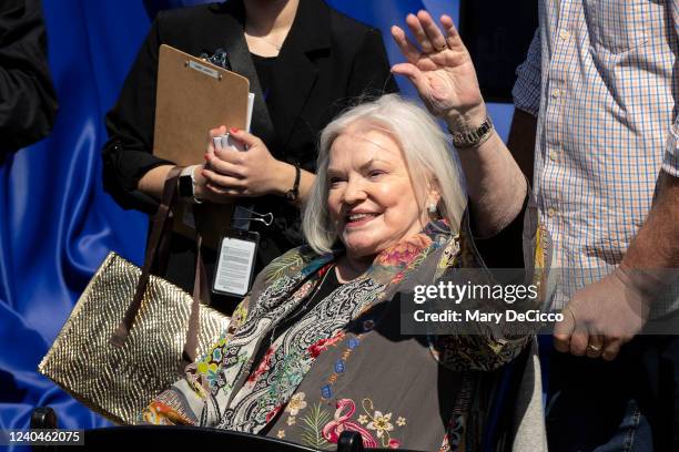 Nancy Seaver waves to the crowd during the Tom Seaver Statue Dedication at Citi Field on Friday, April 15, 2022 in Flushing, NY.