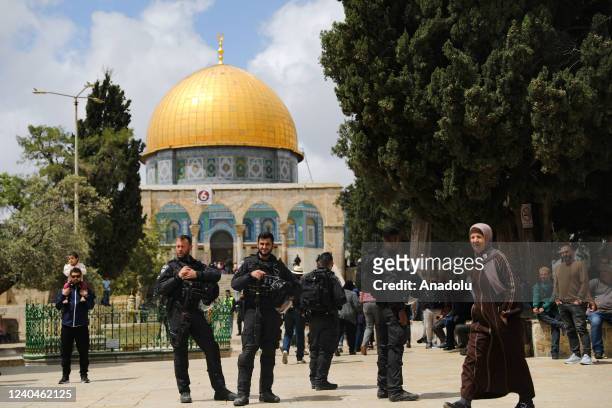 Israeli settlement groups storm Al-Aqsa Mosque, the world's third-holiest site for Muslims, on the occasion of Israel's foundation anniversary, in...