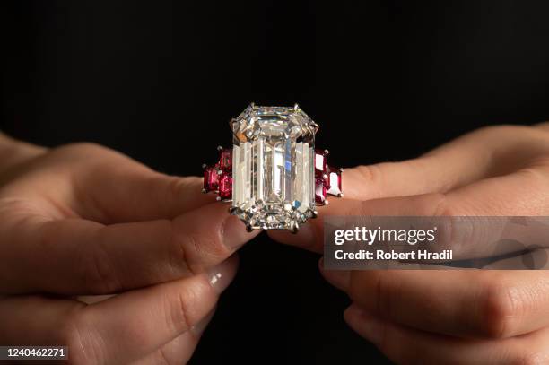 Detail of a magnificent step-cut diamond and ruby ring by Chopard, weighing 80.08 carats, which is part of the jewellery sale, is displayed at the...
