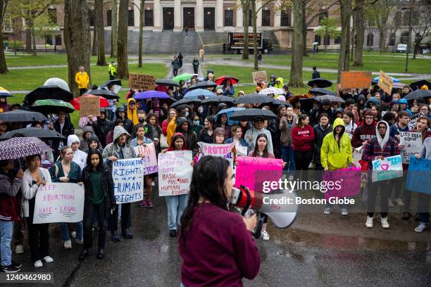 Cambridge, MA Ava Pallotta, center, speaks to students at Harvard University while they rallied on May 4, 2022 in Harvard Yard in Cambridge, MA to...