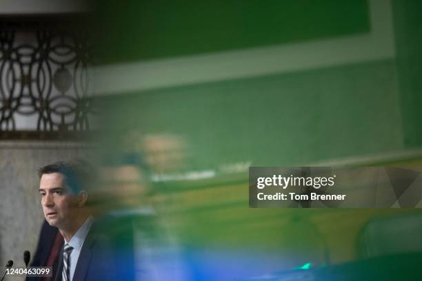 Senator Tom Cotton speaks during a Senate Armed Services Committee Hearing on the U.S. Army's Defense Authorization Request for fiscal year 2023, at...