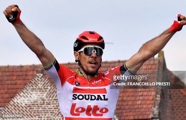 Lotto Soudal team rider Philippe Gilbert of Belgium celebrates as he crosses the finish line to win the third stage of the "4 jours de Dunkerque"...