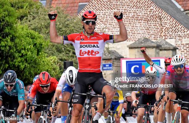 Lotto Soudal team rider Philippe Gilbert of Belgium celebrates as he crosses the finish line to win the third stage of the "4 jours de Dunkerque"...