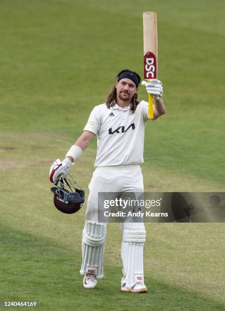 Rory Burns of Surrey acknowledges the applause on reaching his century during the LV= Insurance County Championship match between Surrey and...