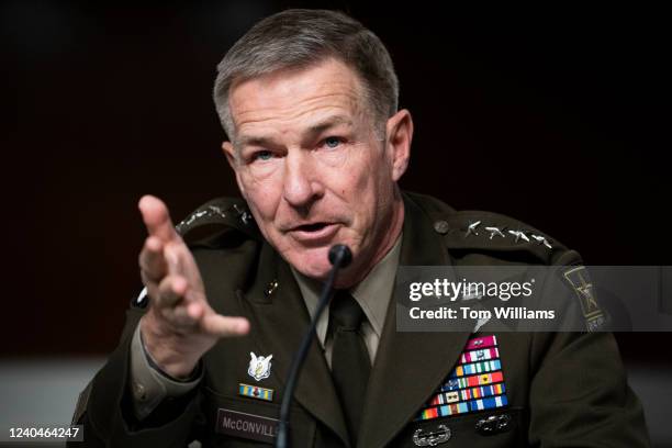 Army Chief of Staff Gen. James McConville testifies during the Senate Armed Services Committee hearing on the Armys budget request or FY2023 and the...