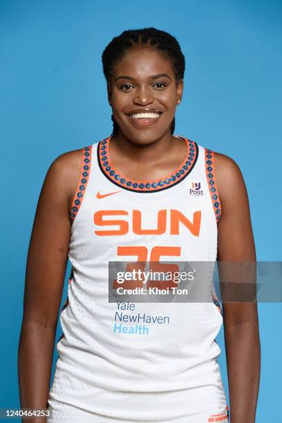 Jonquel Jones of the Connecticut Sun poses for a head shot during Media Day on May 4, 2022 at Mohegan Sun Arena in Uncasville, Connecticut. NOTE TO...