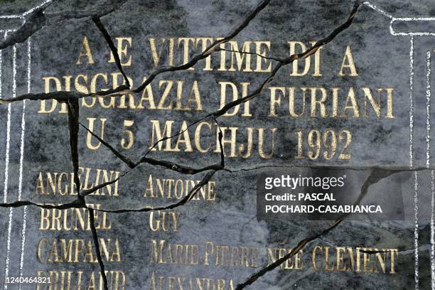 Picture taken on May 5, 2022 shows a broken commemorative grave marble at the commemorative stone in front of the Armand Cesari stadium at the end of...