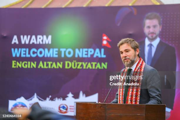 Famous Turkish actor Engin Altan Duzyatan talks to the press during the program organized by Nepal Government, Minister of Culture and Tourism to...