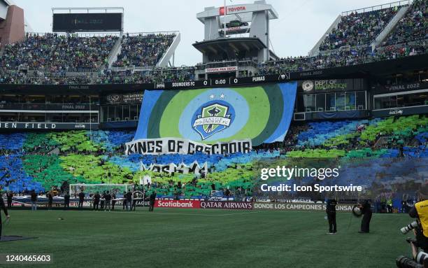 The Sounders Emerald City Supporters group show off the TIFO before a CONCACAF Champions League Final match between the Seattle Sounders and Pumas...
