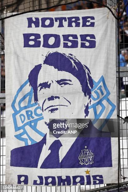 Banner in front of Raymond Goethals during the UEFA Conference League semifinal match between Olympique de Marseille and Feyenoord at Stade Velodrome...
