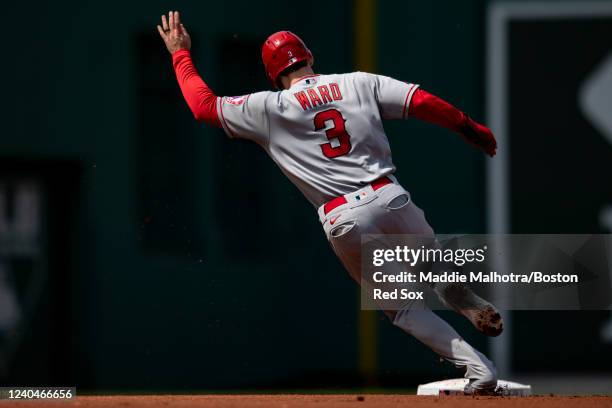 Taylor Ward of the Los Angeles Angels rounds second bae during the fourth inning of a game against the Boston Red Sox on May 5, 2022 at Fenway Park...