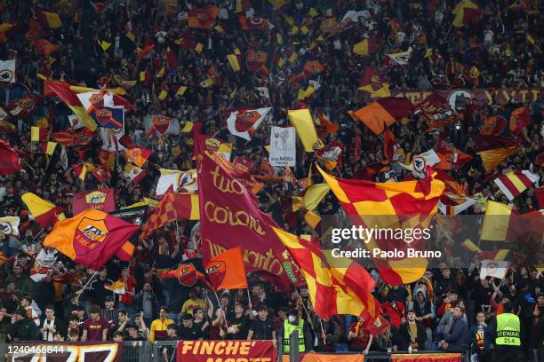 Roma fans before the UEFA Conference League Semi Final Leg Two match between AS Roma and Leicester at Stadio Olimpico on May 5, 2022 in Rome, Italy.