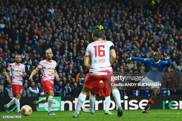 Rangers' Finnish midfielder Glen Kamara shoots to score their second goal during the UEFA Europa League Semi-final, second leg football match between...