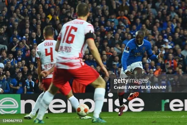 Rangers' Finnish midfielder Glen Kamara shoots to score their second goal during the UEFA Europa League Semi-final, second leg football match between...