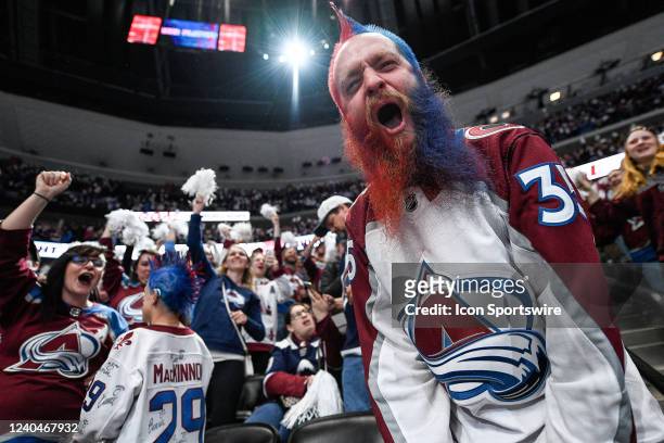 Colorful Colorado Avalanche fan cheers during a Stanley Cup Playoffs round 1 game between the Nashville Predators and the Colorado Avalanche at Ball...