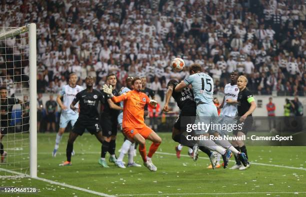 West Ham United's Craig Dawson misses a chance with this header during the UEFA Europa League Semi Final Leg Two match between Eintracht Frankfurt...