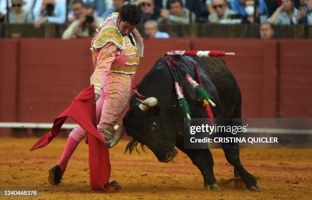 Spanish bullfighter Cayetano Rivera performs a pass with muleta during the Feria de Abril bullfighting festival at La Maestranza bullring in Seville...