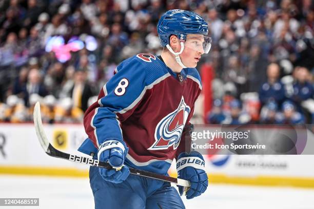 Colorado Avalanche defenseman Cale Makar skates during a Stanley Cup Playoffs round 1 game between the Nashville Predators and the Colorado Avalanche...