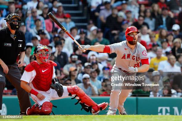 Jared Walsh of the Los Angeles Angels watches his two run home run against the Boston Red Sox during the seventh inning at Fenway Park on May 5, 2022...