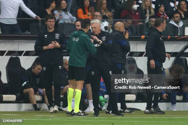 West Ham United manager David Moyes argues with the fourth official after Aaron Cresswell was sent off during the UEFA Europa League Semi Final Leg...