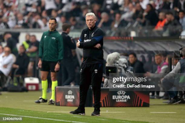 Head coach David Moyes of West Ham United looks dejected during the UEFA Europa League Semi Final Leg Two match between Eintracht Frankfurt and West...