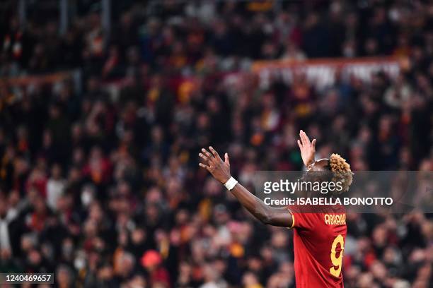 Roma's British forward Tammy Abraham reacts during the UEFA Conference League semi-final second leg football match between AS Roma and Leicester City...