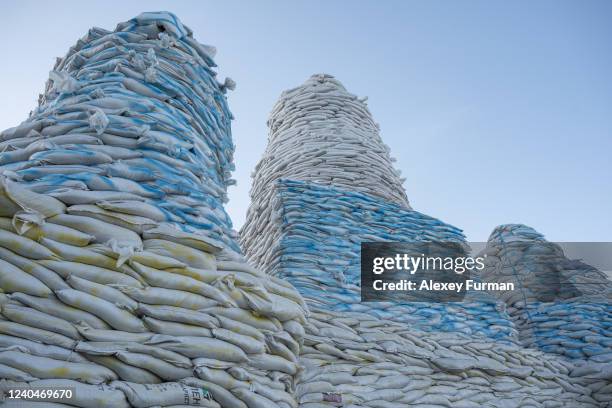 The Monument to the Grand Princess Olga is seen covered with sandbags, on May 5, 2022 in Kyiv, Ukraine. Following Russia's retreat from areas around...