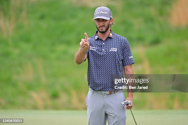 Max Homa reads his putt on the ninth green during the first round of the Wells Fargo Championship at TPC Potomac at Avenel Farm on May 5, 2022 in...