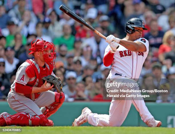 Rafael Devers of the Boston Red Sox strikes out during the fifth inning of the MLB game against the Los Angeles Angels at Fenway Park on May 5, 2022...