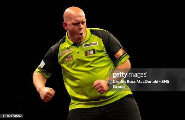 Michael Van Gerwen in action during a Cazoo Premier League Darts event at the OVO Hydro, on May 05 in Glasgow, Scotland.