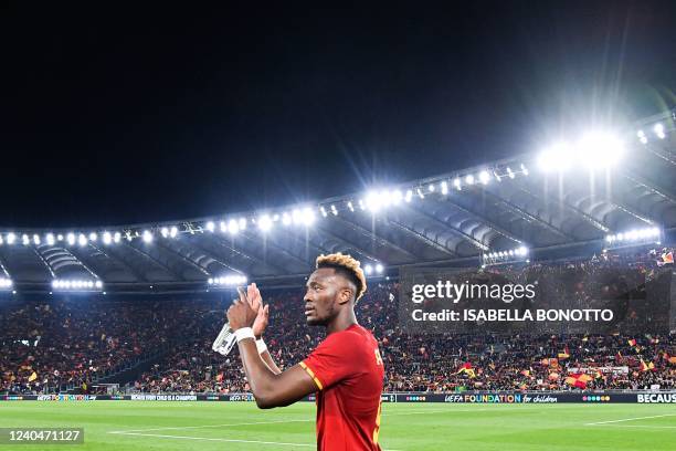 Roma's British forward Tammy Abraham celebrates after winning the UEFA Conference League semi-final second leg football match between AS Roma and...