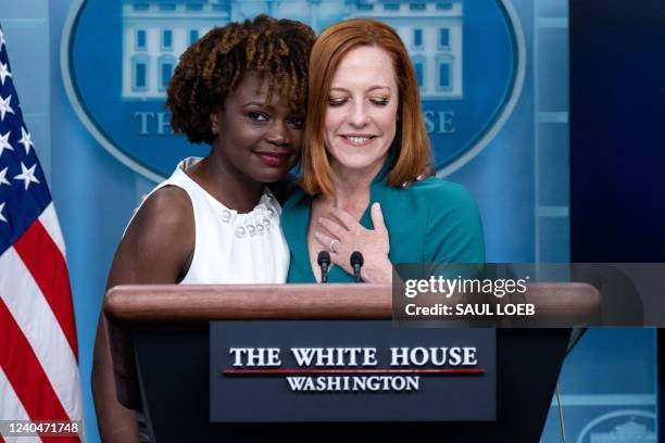 White House Press Secretary Jen Psaki is hugged by current Principal Deputy Press Secretary Karine Jean-Pierre during a press briefing in the Brady...